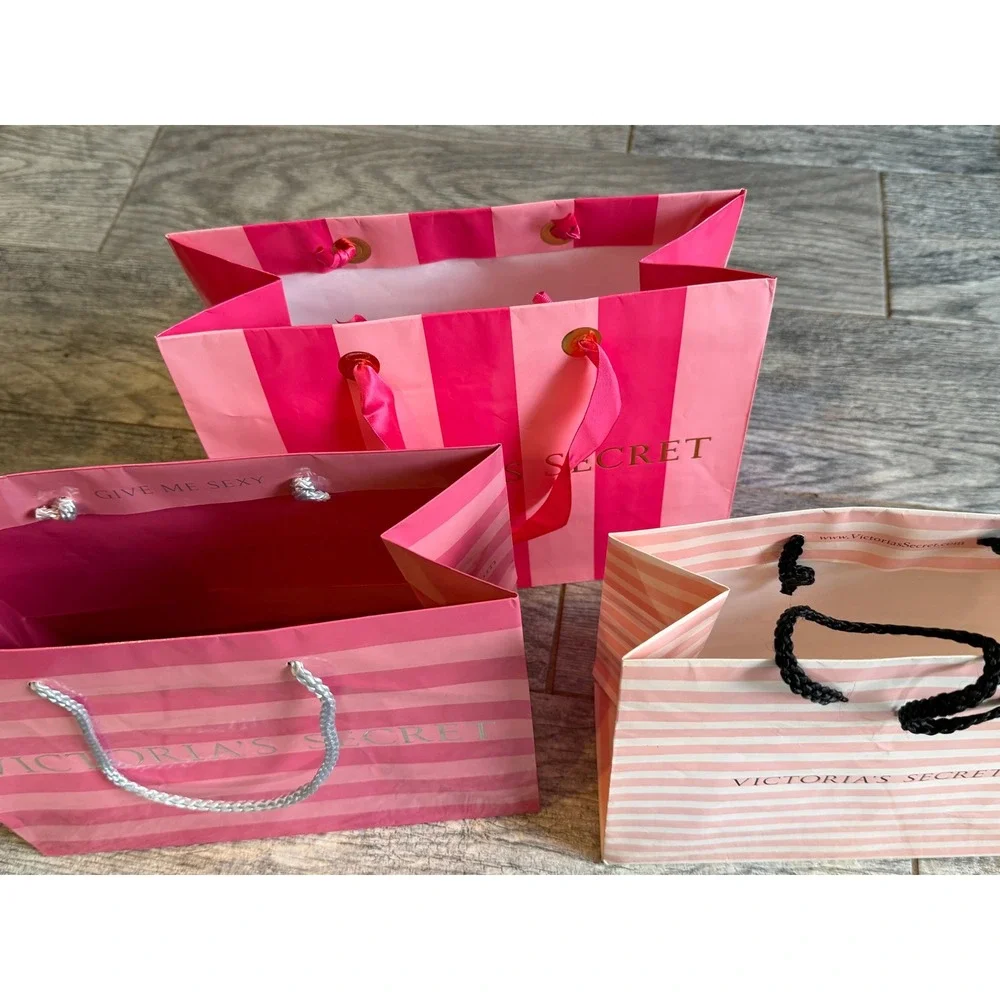 Victoria's Secret Gift Bags Set of 3 Pink Striped Lingerie Paper Bag Tote Ribbon